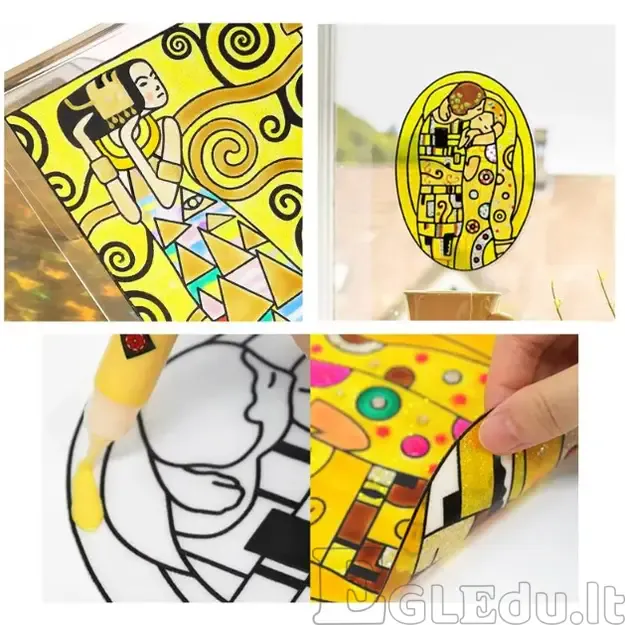 Dekorativinių dažų rinkinys Amos Glass Deco Masterpiece Gustav Klimt, 10 vnt x10,5 ml, 2 vnt x 22 ml, 3 trafaretai 1